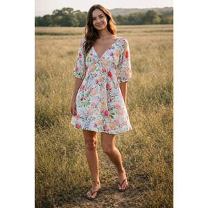 Floral White Dress Puff Sleeve Size S Watercolor Cottagecore Romantic Lucy Paris